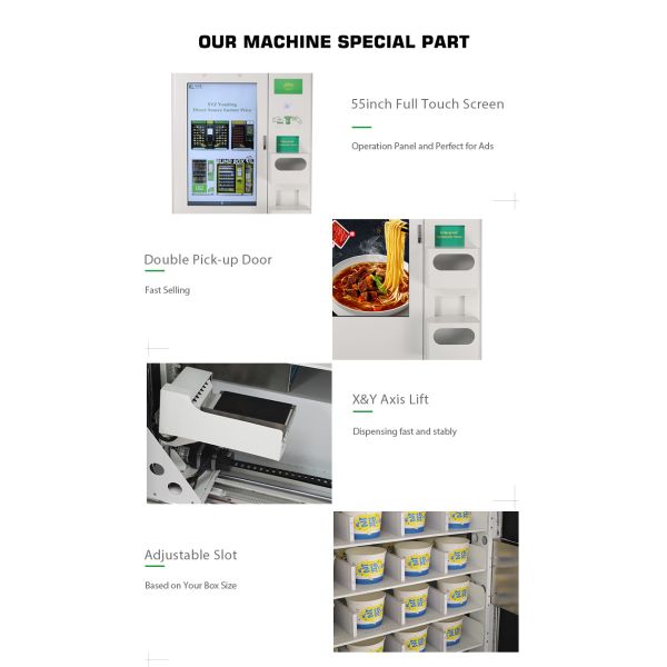 XYZ Source Factory Adjustable Slots Touch Screen Water Heated Tea Noodle Japan Hot Food Vending Machine