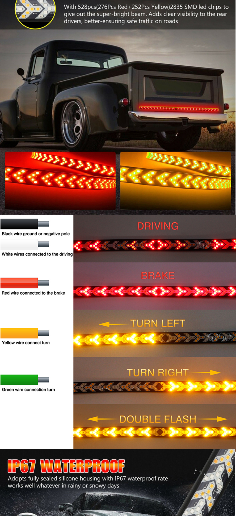 Pickup Truck Arrow Car Headlight LED Tube Strip Flowing Turn Signal Tail Light Sequential Scanning