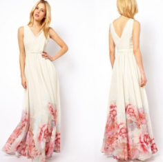 Fashion Design Empire Waist Floral Embroidered V-Neckline Maxi Woman Dress