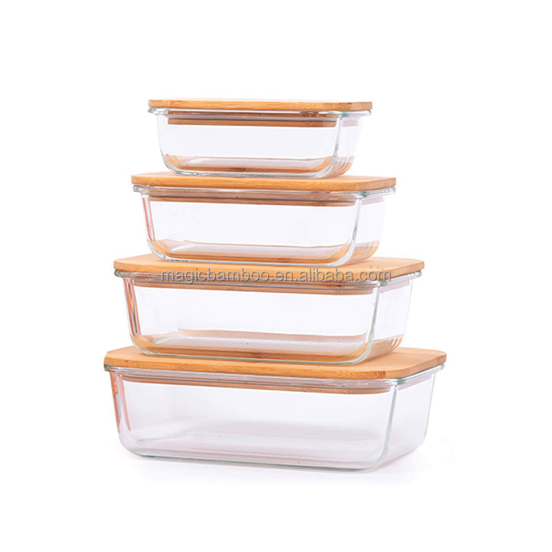 Kitchen Square Glass Jar Lunch Box Container With Bamboo Lid Customizable and Durable