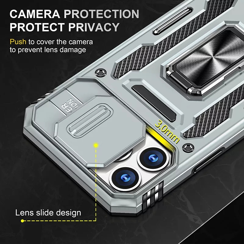Kickstand Slide Camera Antishock Phone Back Cover For Iphone 13 14 Pro Max Phone Case With Ring Holder Lens Cover