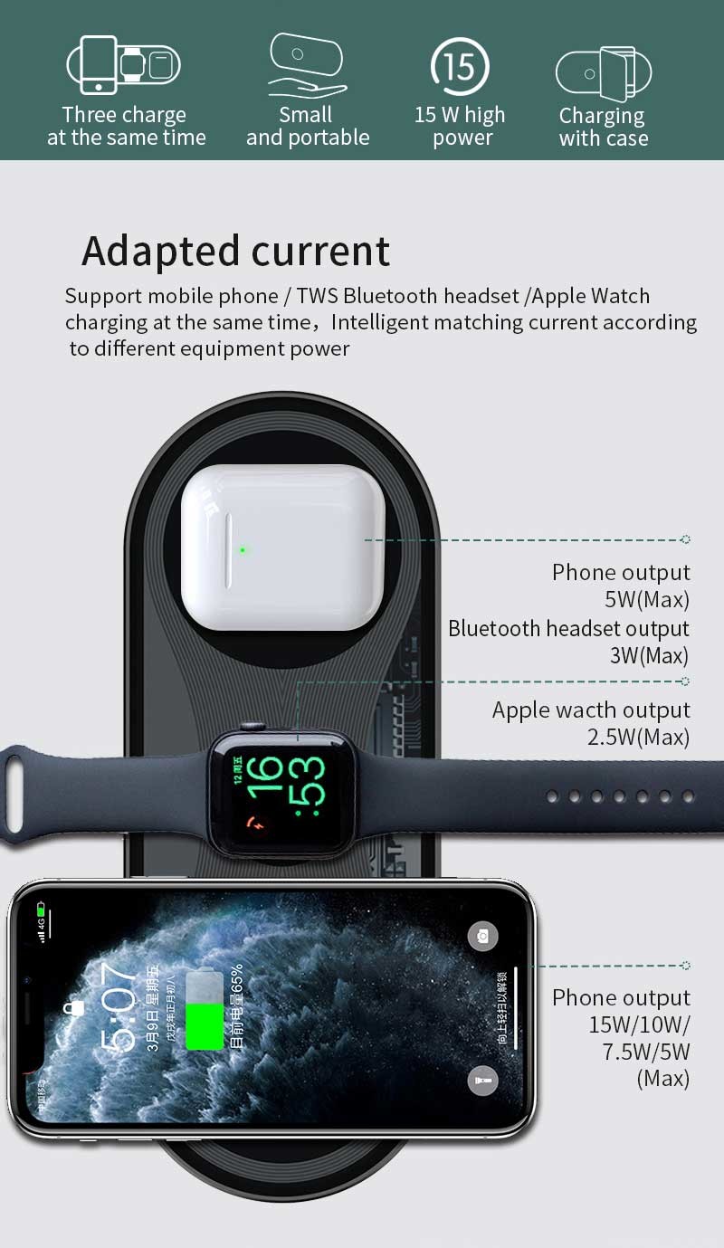 3 In 1 Qi Certified Desktop Wireless Charger For Apple Watch Series SE