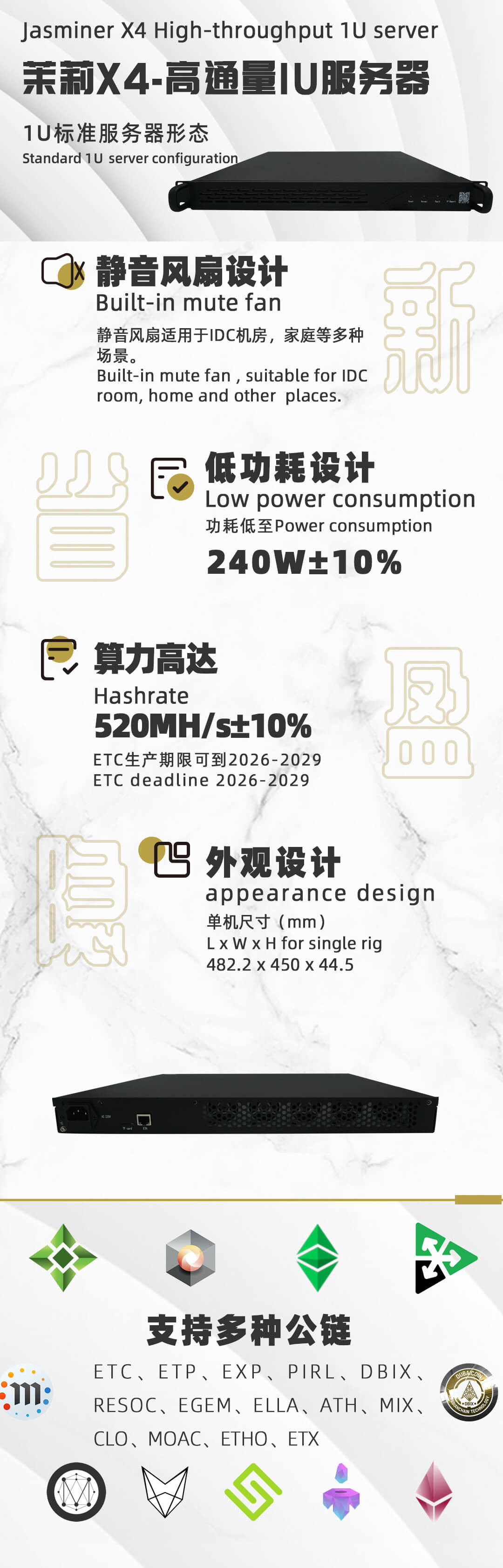 Jasminer X4-C 1u Eth 5GB Mining Machine 240w Hash Rate 520mh/S 450mh/S