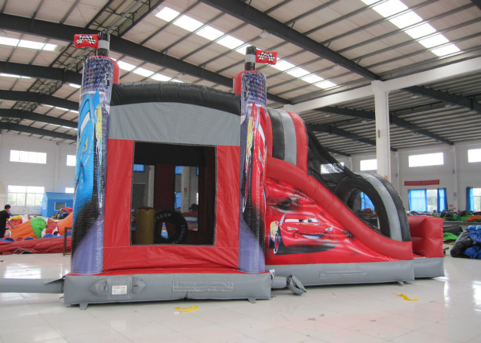 Big size inflatable racing car themed bouncy castle PVC fabric full printing inflatable car jumping house with slide