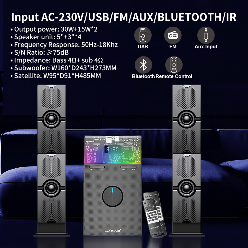 Multimedia Computer RGB Speaker 2.1 Subwoofer Home Theater System With 50W Output Power