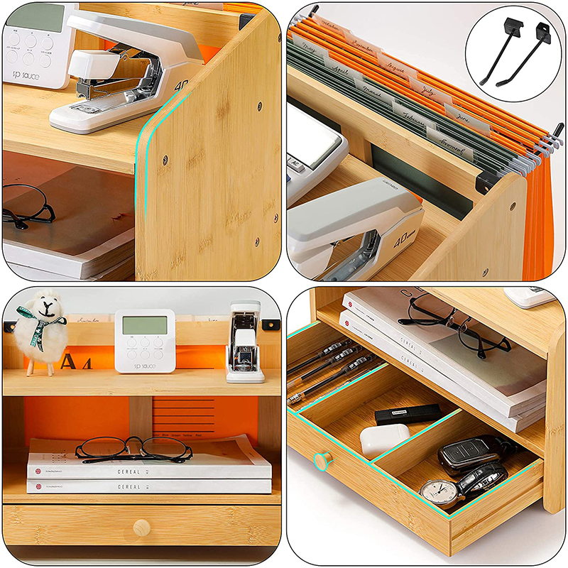 Standing Type Non-folding Rack Bamboo Desk Organizer with Drawer and Storage Cabinet Box