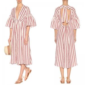 China Women deep v neck stripe linen dress and unbacked on sale