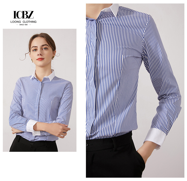 Work Office Formal Navy 100% Cotton Strip Button Down Shirts Custom Contrast Color