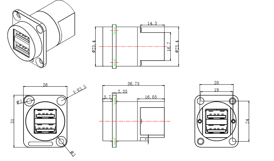 Ip65 Waterproof USB Connector Panel Mount Double Port 4 Pin Data Cable Connector