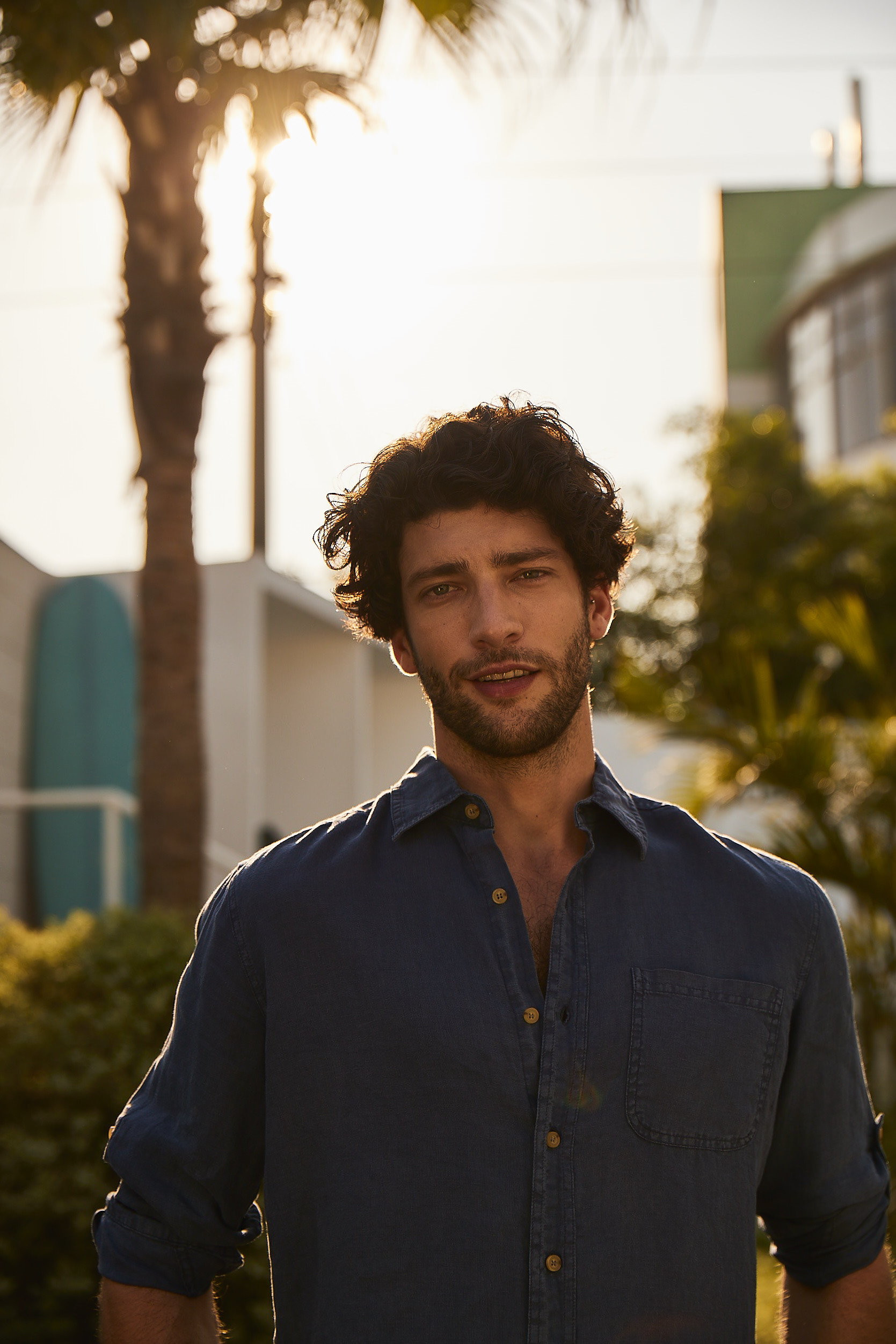 Linen Dark Blue Men Shirt Garment Dyed Loose Long Sleeves