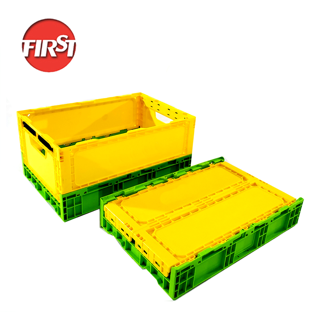 Yellow Rectangular Plastic Square Crate Folding Plastic Storage Bins External 508x338x245mm