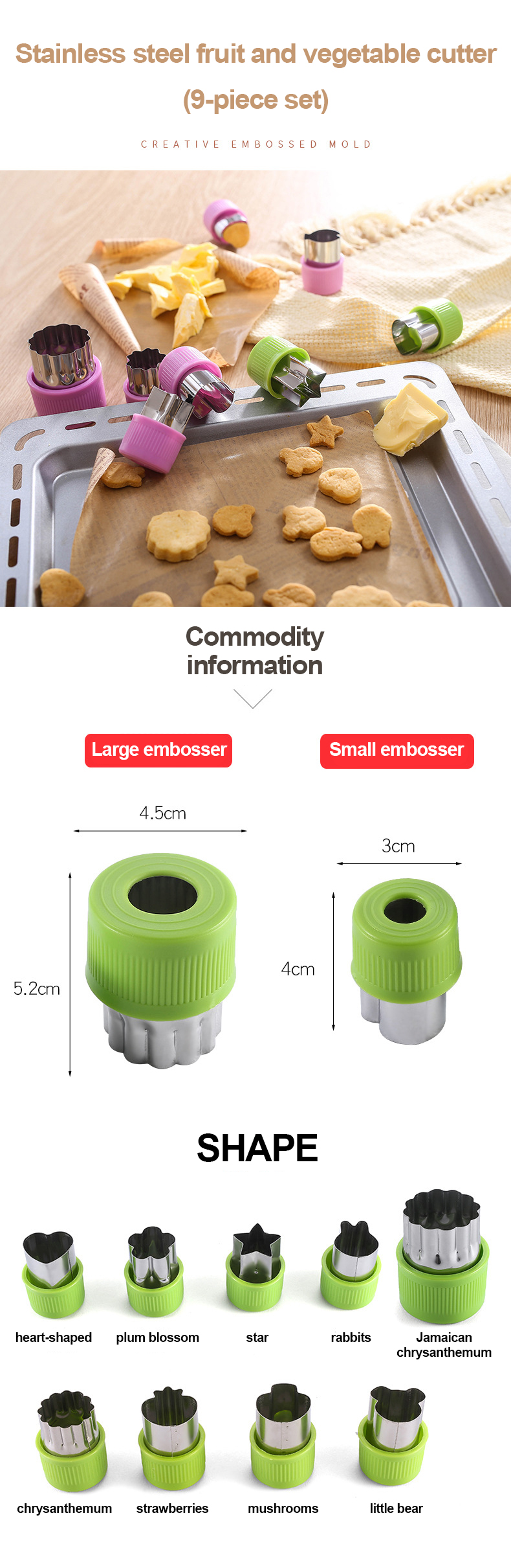9 Pieces Kids Cartoon Mini Animals Shapes Fruit And Cookie Stamps Mold Vegetable Cutter Set