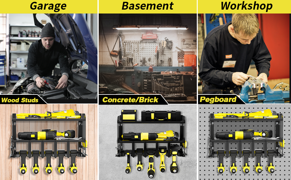 Garage Organization Simplified with 4 Drill Slots Wall Mounted Power Tool Organizer