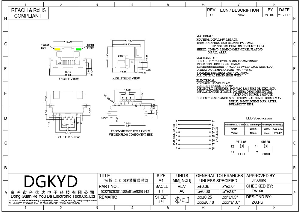 Sink 2.8 DIP Single Port RJ45 Connector With Metal Shield