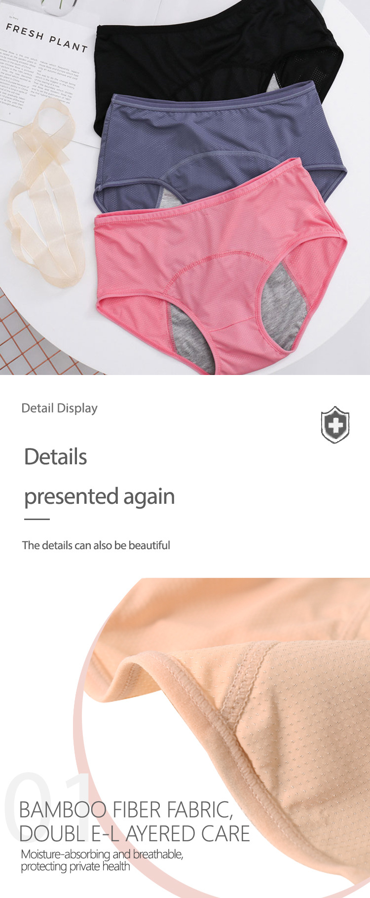 Eco-Friendly Bamboo Viscose Fabric Cool 3 Layers Female Leakproof Period Panties