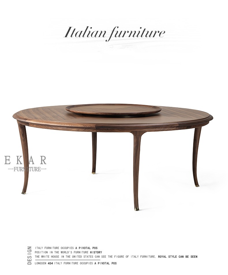 Italian Designer Luxury Walnut Solid Wooden Round Rotating Center Dining Table