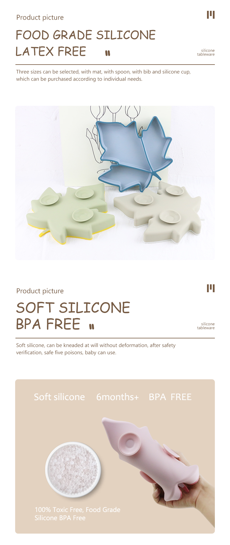 Food Grade Toddler Silicone Plates , Maple Shape Suction Divided Plate Unbreakable