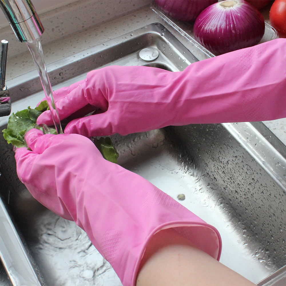 Pink Kitchen Washing Gloves , Rubber Dishwashing Gloves For Cleaning Vegetables