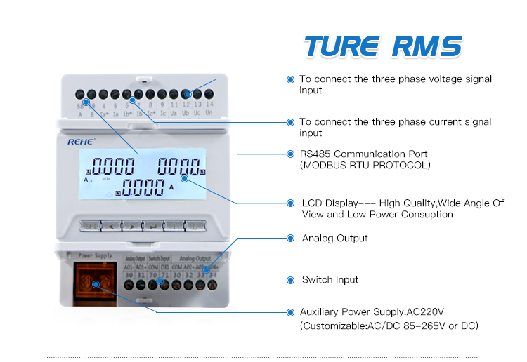 Din-Rail Three Phase Digital Power Meter Current Meter With LCD screen