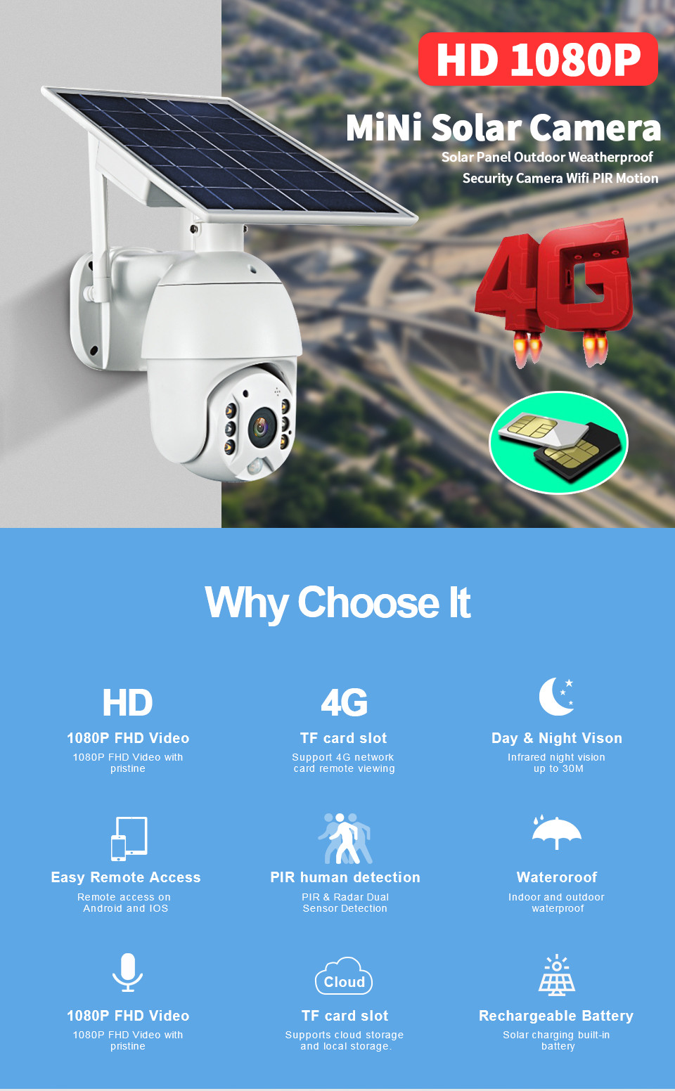 2.5 inch waterproof IP66 lower poer consuption 1080P 2MP outdoor 4G WIFI PTZ speed dome solar security system