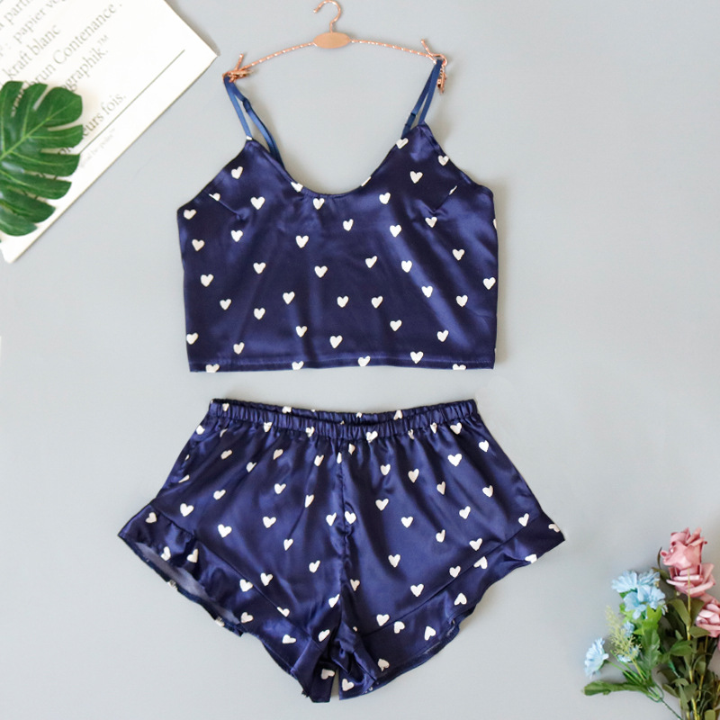 Sweet Cute Sleeveless Short Nighty Sets Sexy Soft Satin Heart Pajama For Women