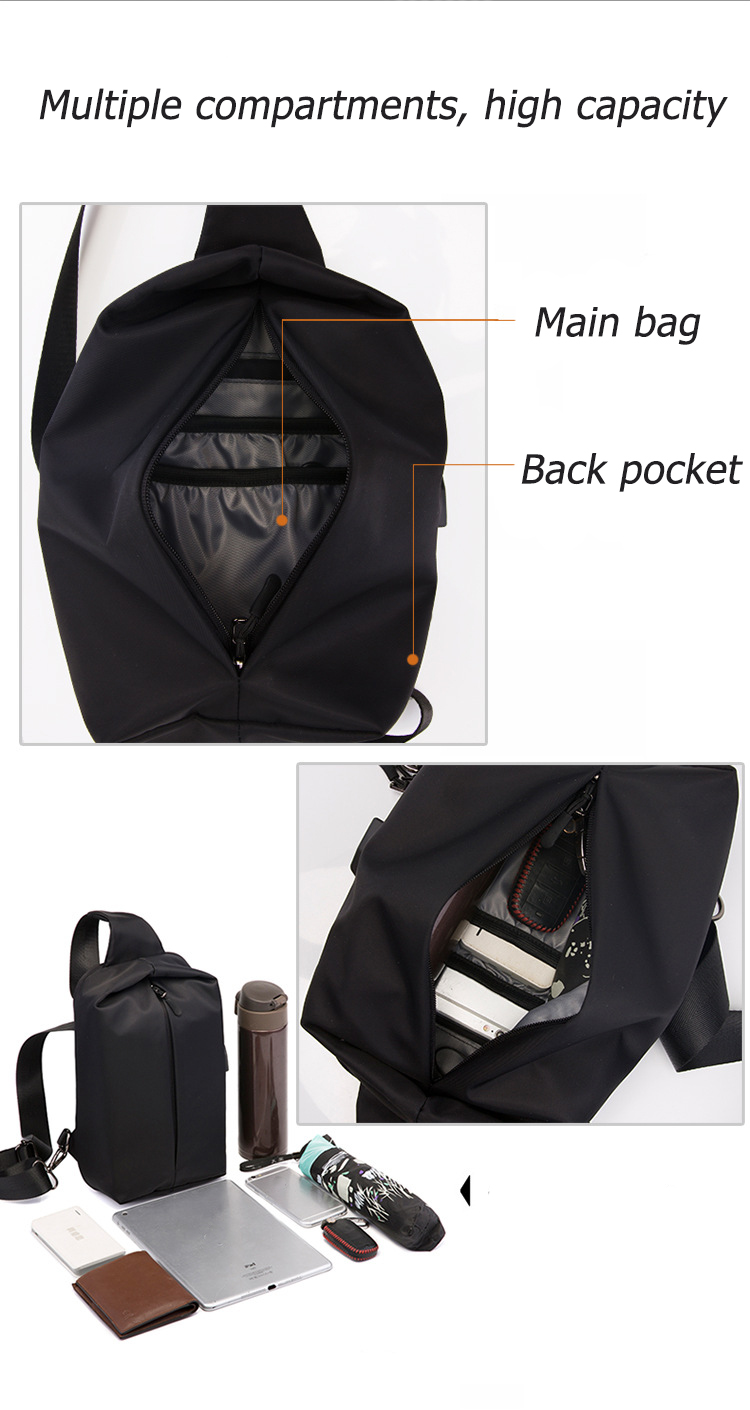 Water Resistant Polyester Lining Anti Theft Chest Sling Bags With USB 5L