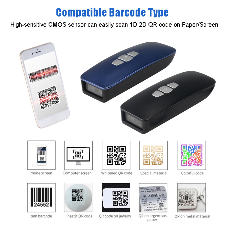 CMOS 2D Mini Qr Code Scanner Portable Pocket Barcode Scanner With Time Record