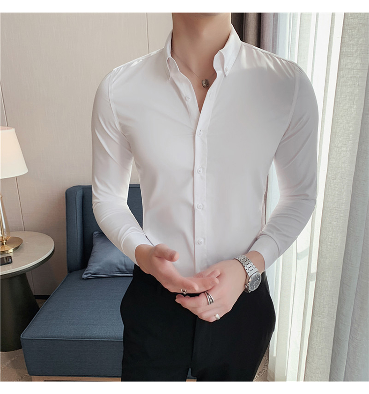 Men's Fashionable Business Casual Shirt Plain Solid Long Sleeve Slim Fit Office Shirts