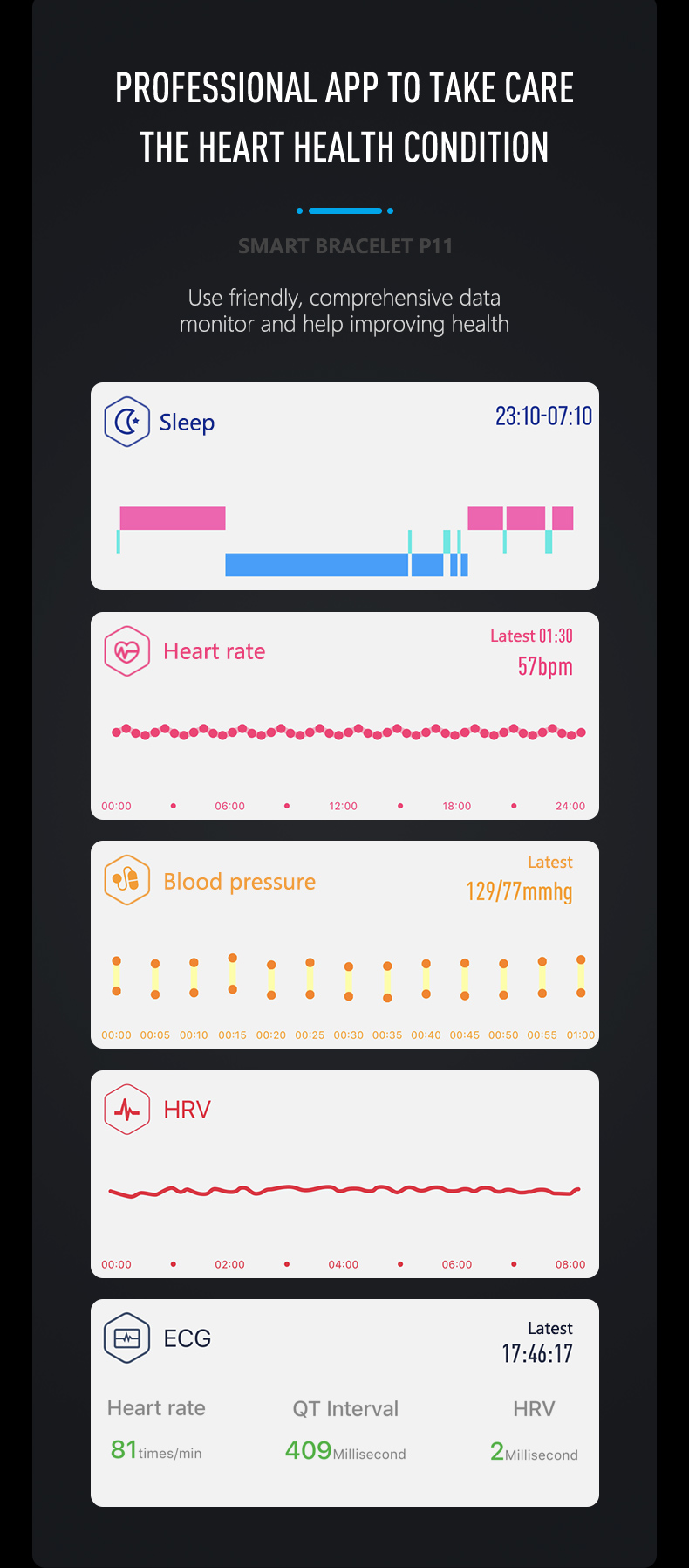 ECG PPG Pedometer HR Monitor Smart Band Fitness Tracker Watch With Blood Pressure