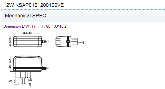 12W KSAP0121200100VE Switching Power Adapters with 12VDC 1A CB , CE Safety Approval for Mobile Devices ADSL Pos