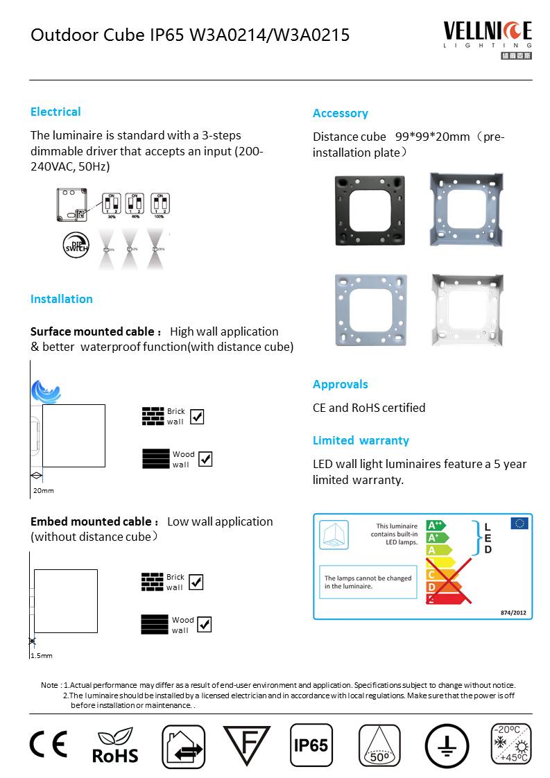 Outdoor Cube 6W LED IP65 Wall Pack Light With 3-Step Dimmable Driver 3000K Aluminum Alloy