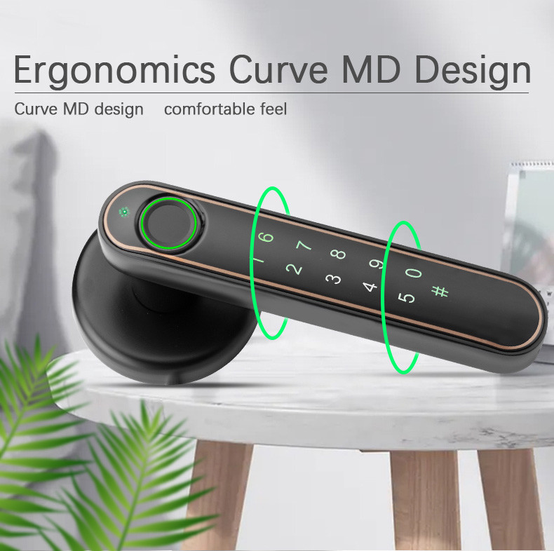 Curved Handle Fingerprint Door Lock Black Color Bluetooth Tuya App