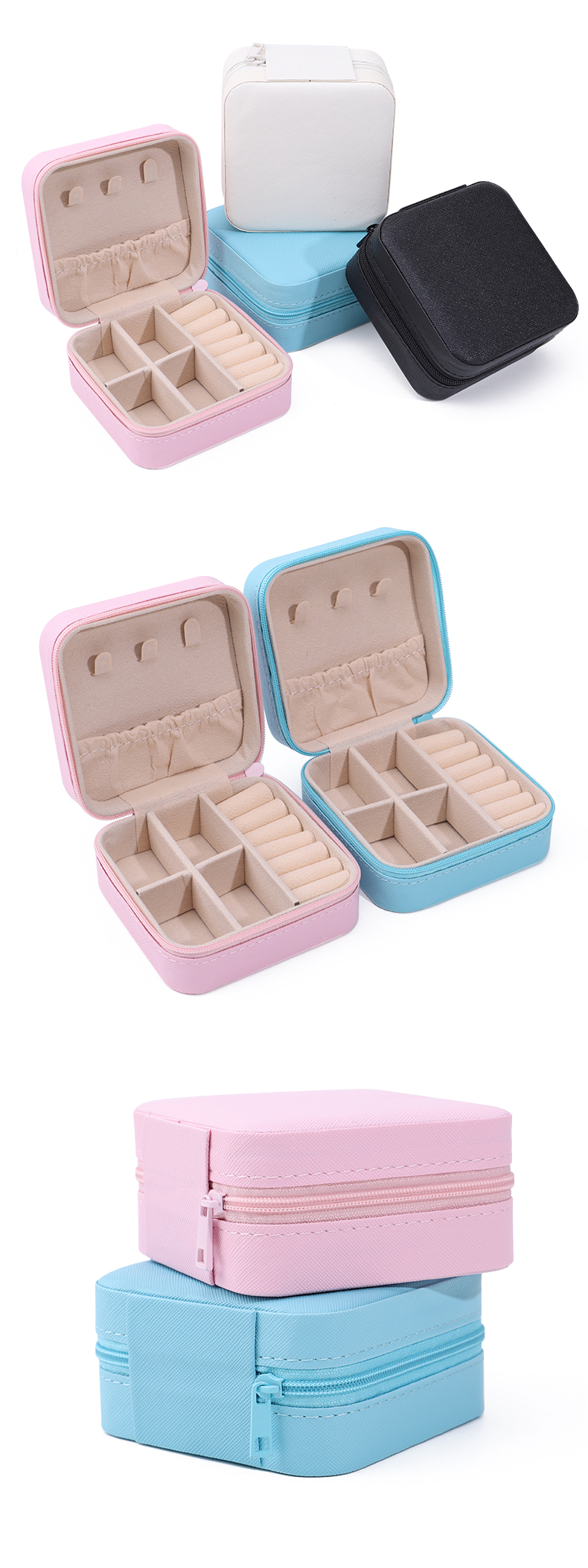 Multiple Compartments PU Leather Travel Jewelry Organizer Box Zipper Bag