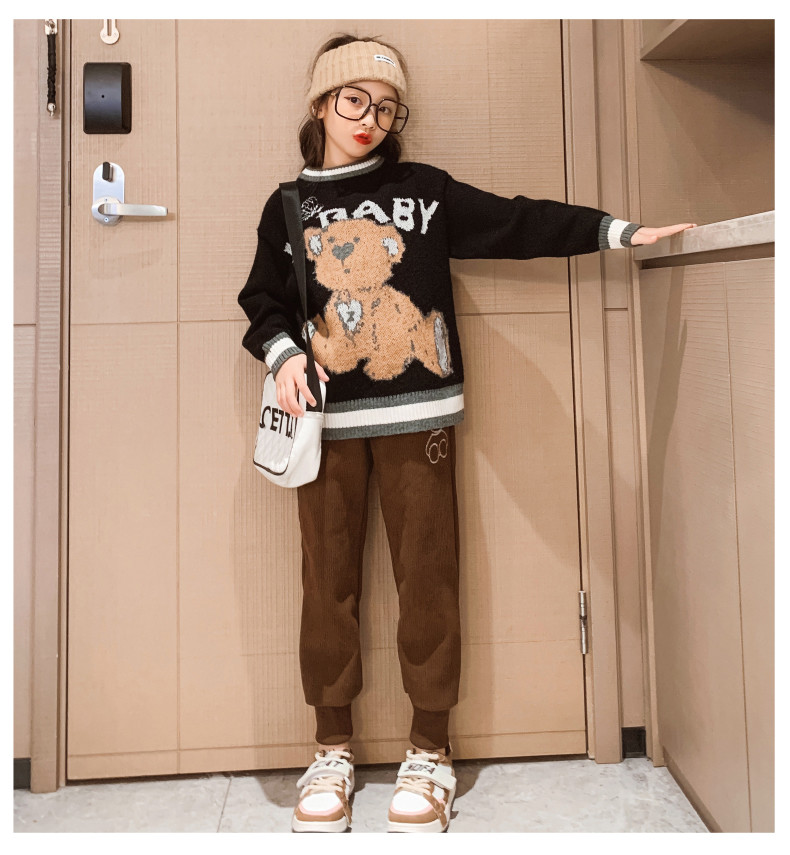 Knit Jacquard Bear Fashion Childrens Clothes Casual Black Round Neck Sweater