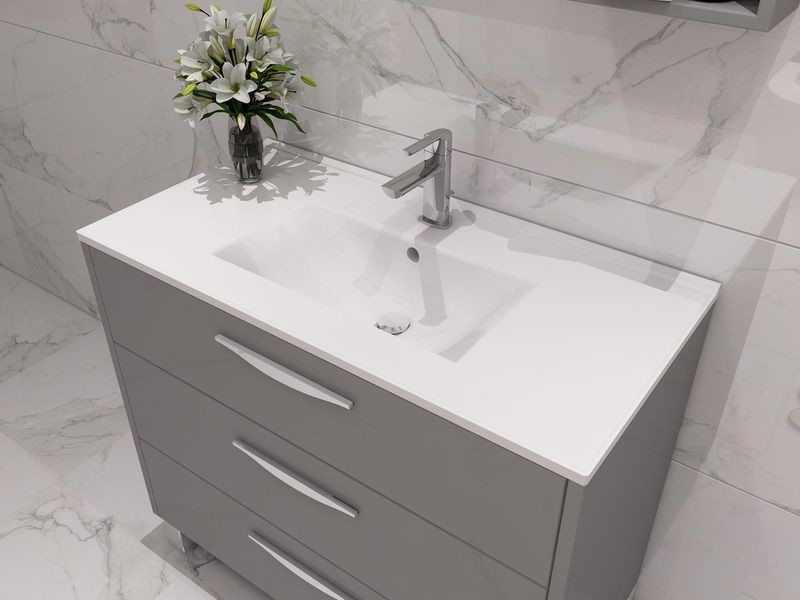 Stainless Steel Bathroom Vanity With Glossy Grey Finish And Modern Storage Design