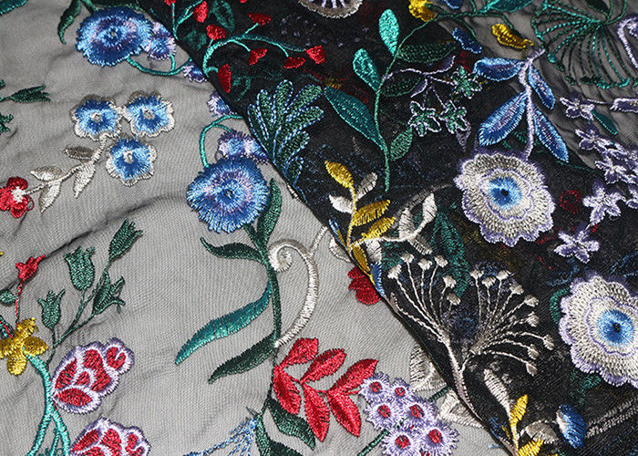Fancy Multi Colored Floral Embroidered Lace Fabric 120 CM Polyester