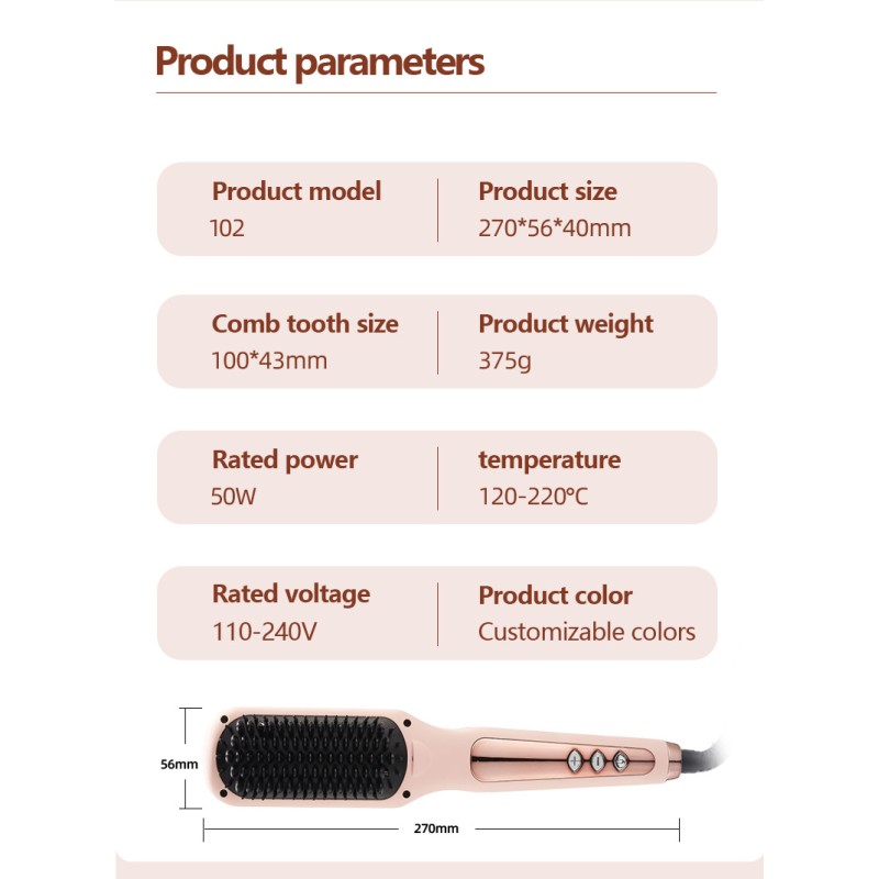 Electric Portable Ceramic Ionic Hair Straightener Brush with Metal Handle Adjustable Heat Settings for Home Hotel & Salon Use