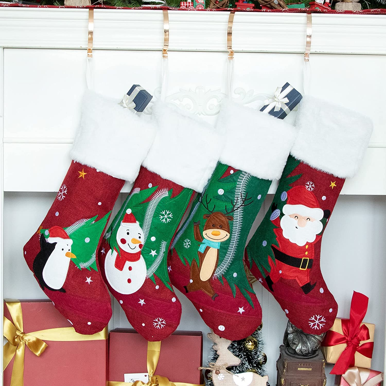 Set of 4 Family Christmas Stockings Carry The Tree Together Embroidery Red Burlap Soft Faux Fur 20 Inches for Decoration