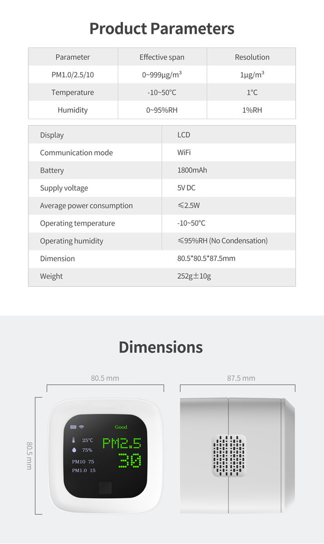 IoT Smart WiFi Air Quality Sensor 3.5W PM2.5 ROHS With LCD Display