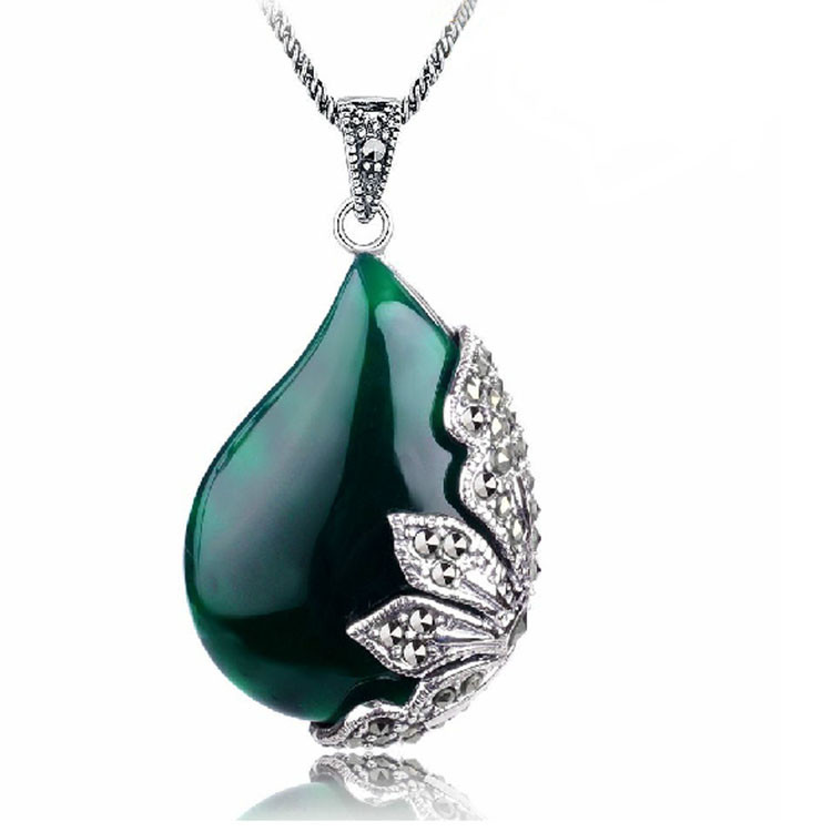 Vintage Jewelry 925 Silver Green Agate Marcasite Drop Pendant Necklace 18 Inches (JA1674GREEN)
