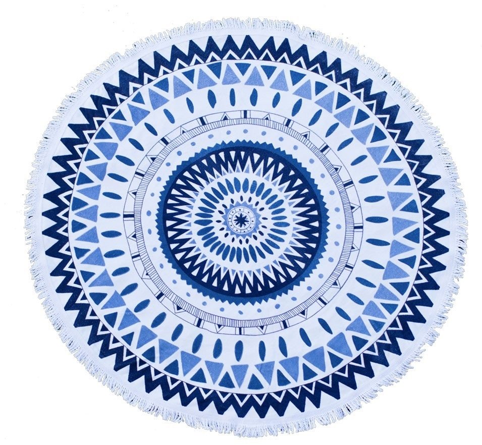 Mandala Printed Linen Beach Towel Circle Round Shaped With Tassels Fringe