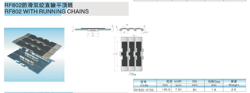 RF812 stainless steel flat top chains with rubber friction top strairght running single hinge