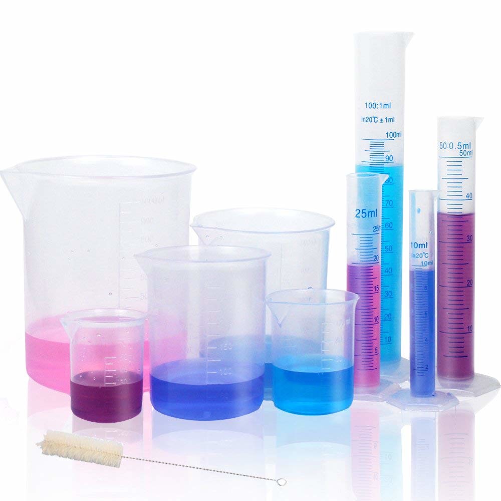 Plastic Graduated Cylinders And Beakers 5 Pipettes, 10ml 25ml 50ml 100ml Cylinders, 50ml 100ml 250ml 500ml 1000ml
