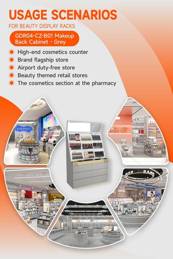 GDR04-CZ-B01 Makeup Display Rack With Reflective Surface And Luxury Branding Integration For Airport Duty-Free Zones