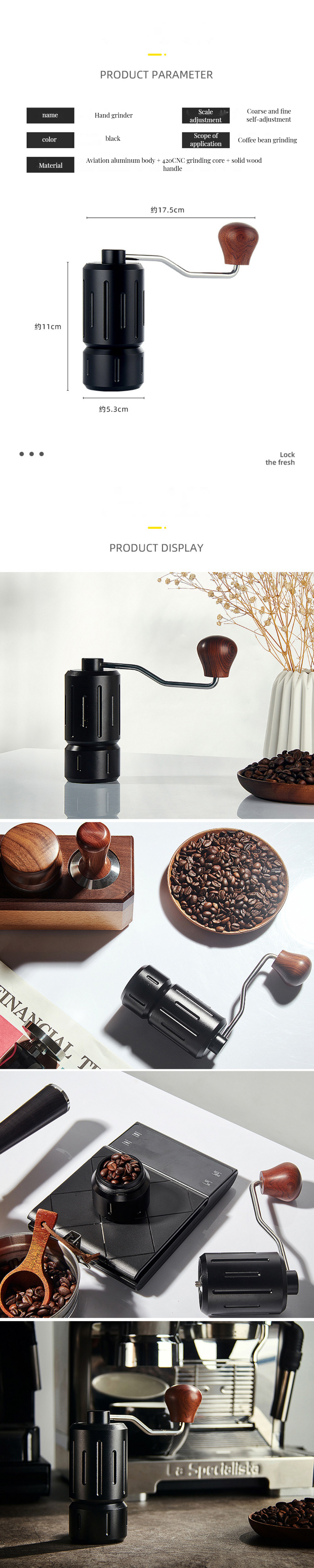 STAINLESS STEEL Portable Coffee Grinder for Modern Style Metal Utensils and Wood Mill