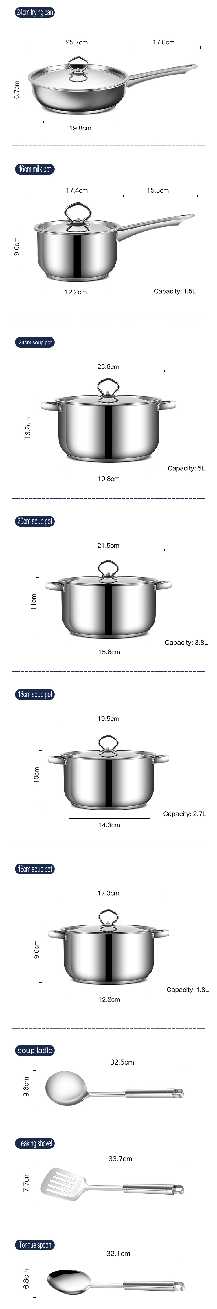 Kitchen Stainless Steel Cookware Set 15pcs SS410 Milk Soup Pot