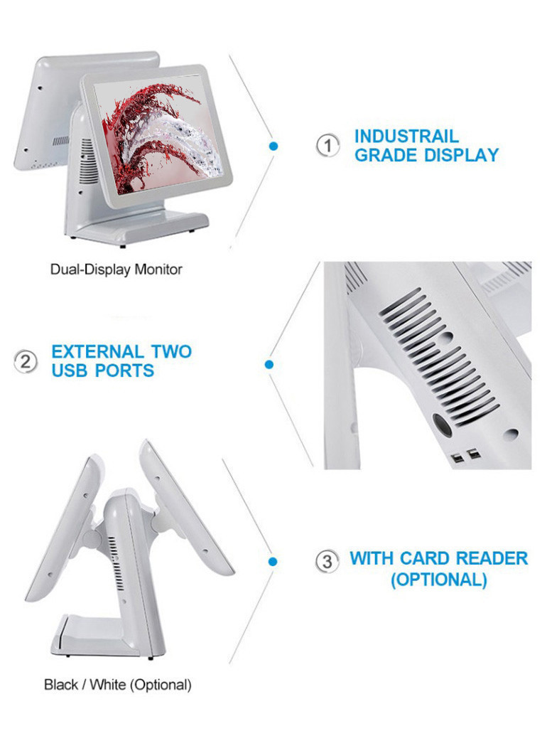 15 Inch White Color Dual Screen All In One Pos With 1024 X 768 Pixels