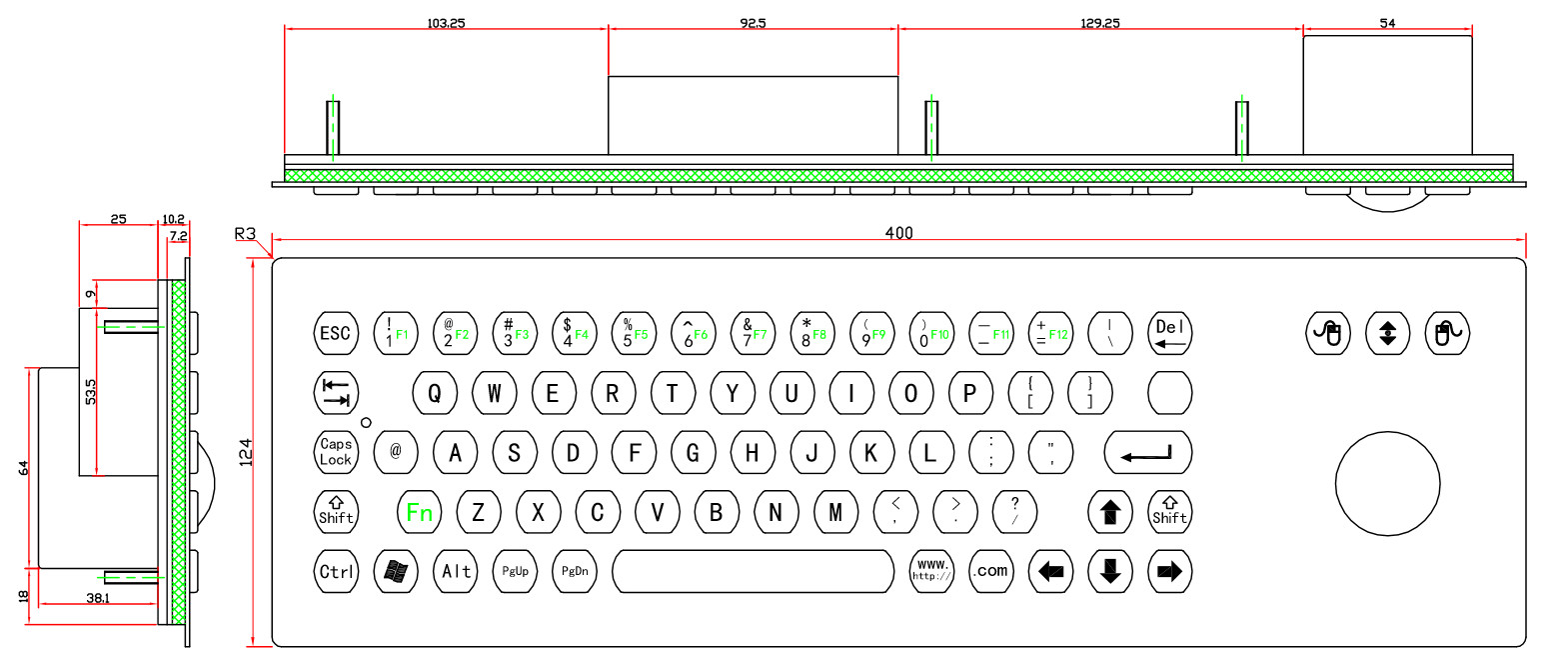 Embedded Typa Industrial Keyboard With Trackball 304 Stainless Steel Material