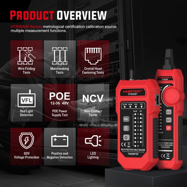 HT800 Network Cable Tester with PoE Detection & RJ45 Wire Mapping
