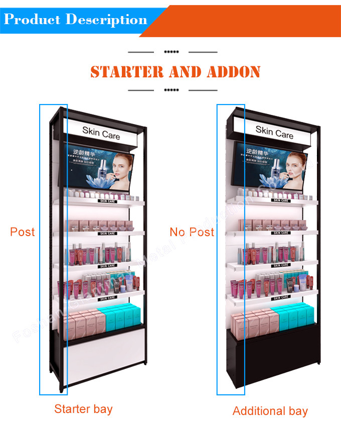 W930*D330*H2430mm Metal Makeup Store Display Powder Coated With Cabinet